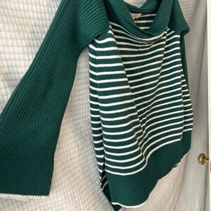 entro Off-Shoulder Boat Neck Striped Sweater with side slits and high low hem